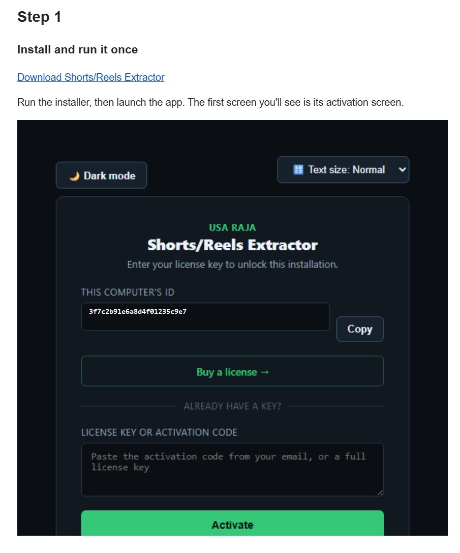 Confirmation email — download link and this computer's ID