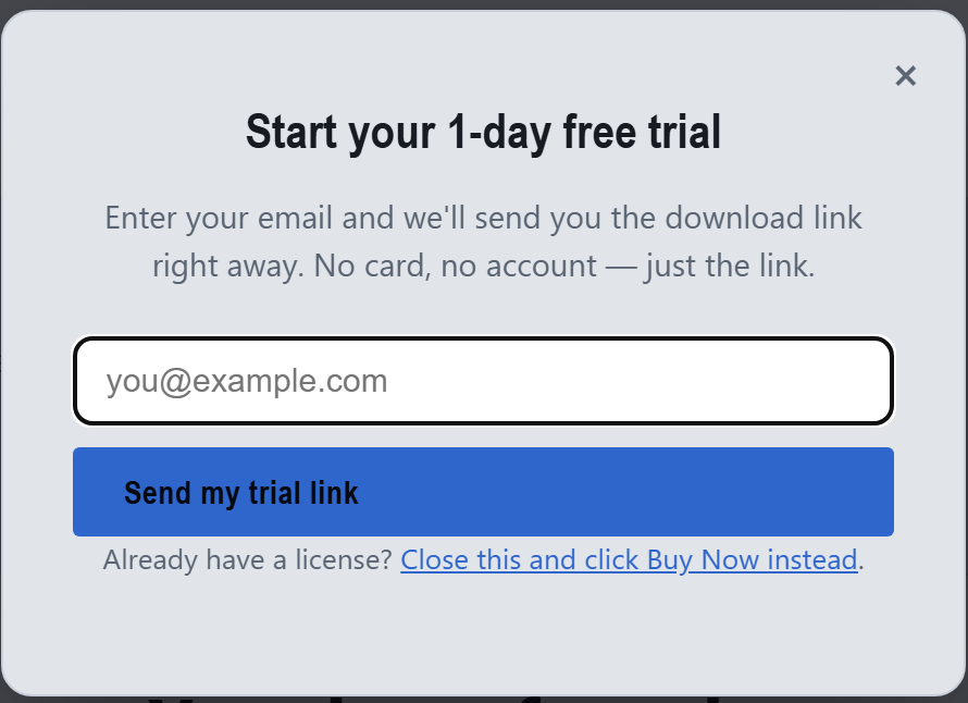 Trial signup — enter your email and we'll send you the download link