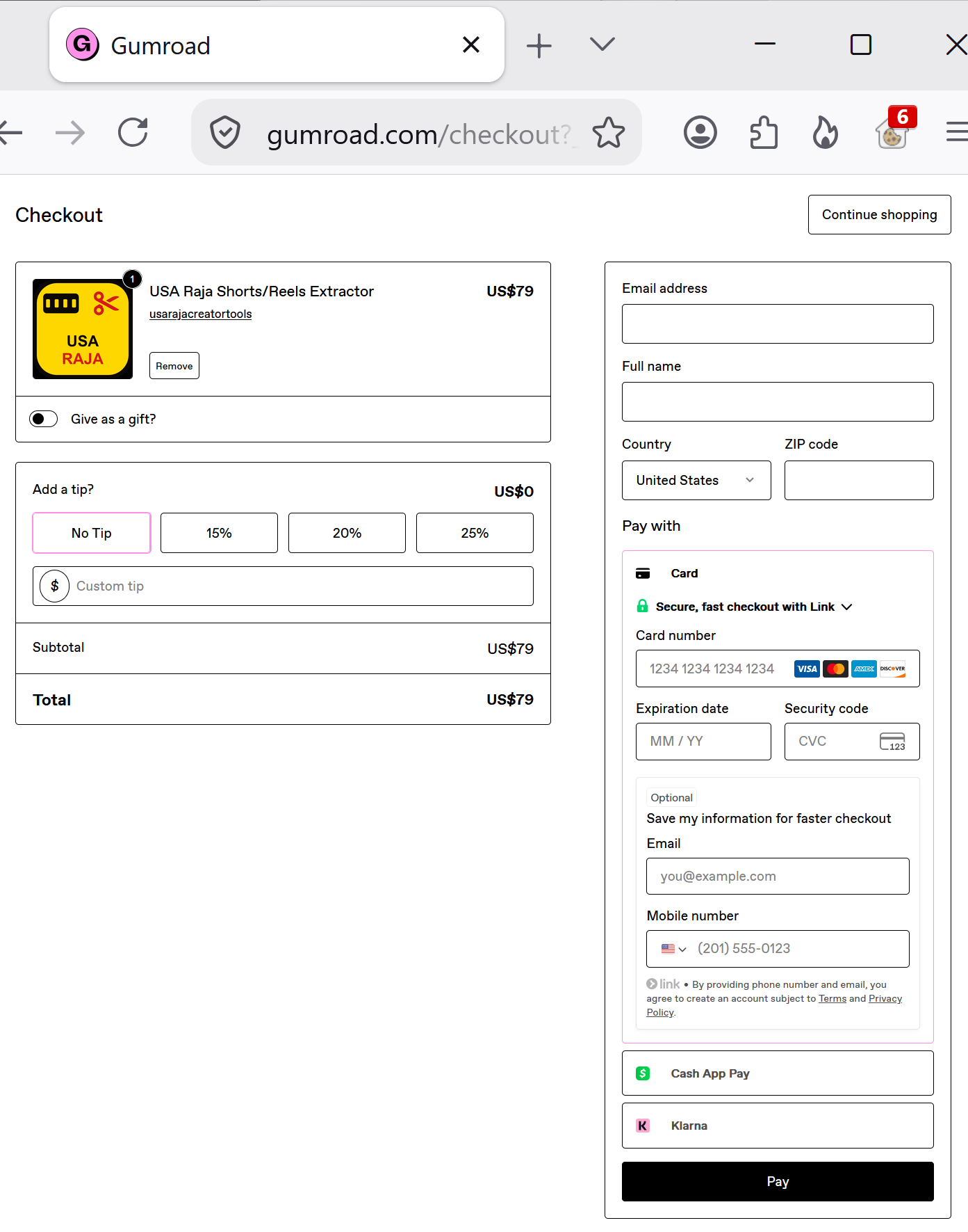 Checkout — order total and payment method